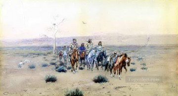 アメリカインディアン Painting - 草原を渡るわな猟師 1901年 チャールズ・マリオン・ラッセル アメリカ・インディアン